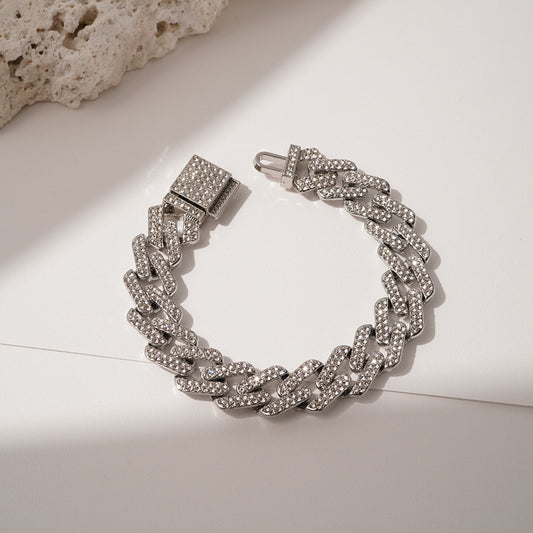 Diamond-Shaped Fully Iced Rhinestone Bracelet & Necklace - 20cm Silver Bracelet