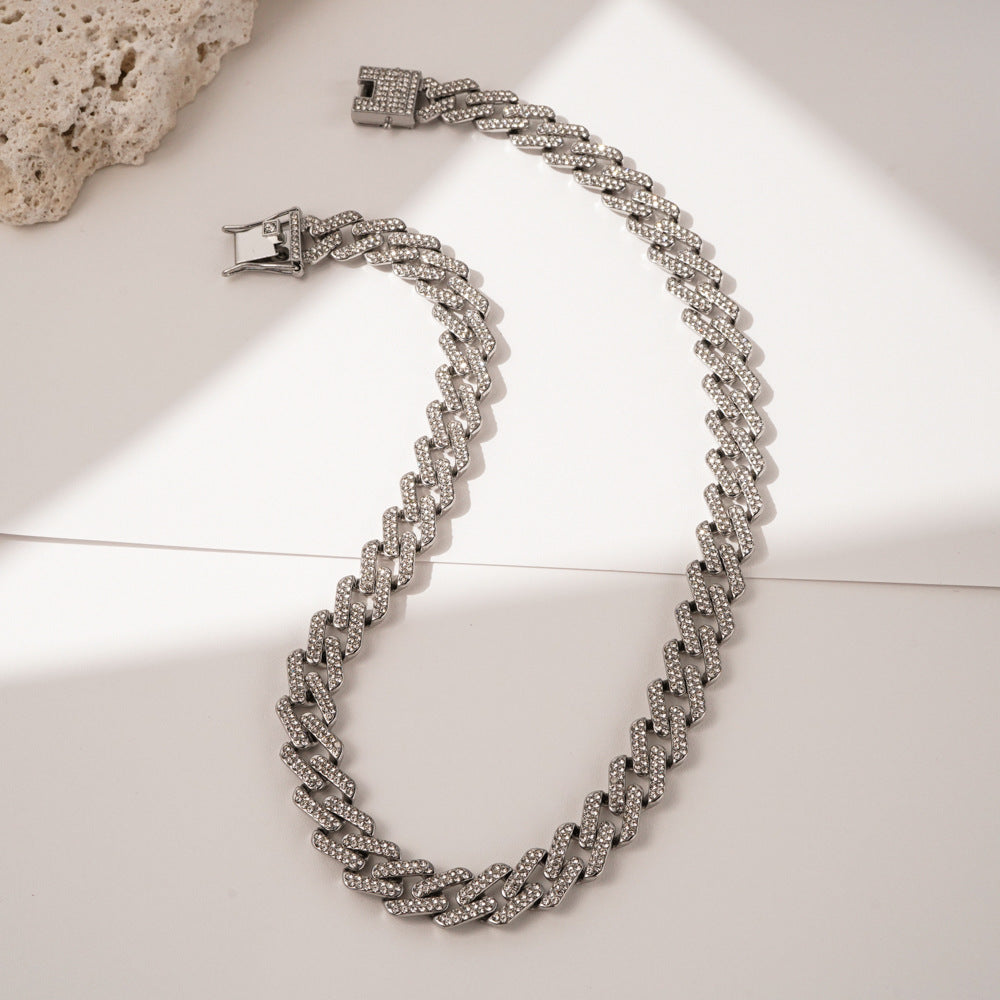 Diamond-Shaped Fully Iced Rhinestone Bracelet & Necklace - 50cm Silver Necklace