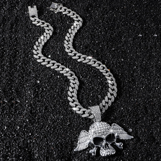 Fully Iced Winged Skull Pendant Necklace - Silver Pendant Only