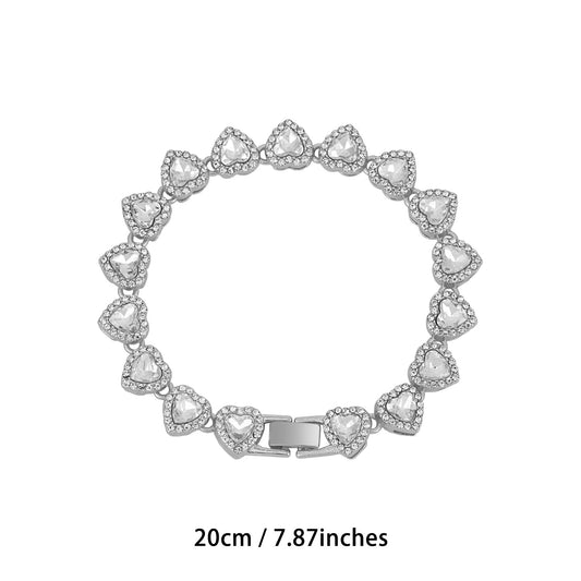 Glass Heart Rhinestone Cuban Link Necklace - Silver 20CM