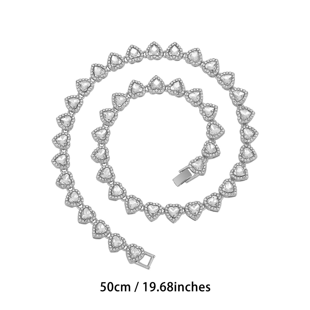 Glass Heart Rhinestone Cuban Link Necklace - Silver 50CM