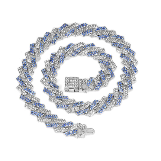 Diamond Cuban Link Necklace with Pink Flip Clasp - Small Flip-Top Silver, Half Blue Rhinestones, 25CM