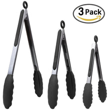 Load image into Gallery viewer, Silicone Tongs for Cooking Grilling (3 food tongs x 7/9/12&quot;) Heavy Duty Stainless Steel BBQ Tongs for Grilling, Cooking Tongs, Kitchen Tongs with Silicone Tips, Salad Tongs, Rubber Tongs Buffet
