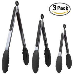 Silicone Tongs for Cooking Grilling (3 food tongs x 7/9/12") Heavy Duty Stainless Steel BBQ Tongs for Grilling, Cooking Tongs, Kitchen Tongs with Silicone Tips, Salad Tongs, Rubber Tongs Buffet