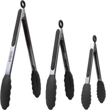 Load image into Gallery viewer, Silicone Tongs for Cooking Grilling (3 food tongs x 7/9/12&quot;) Heavy Duty Stainless Steel BBQ Tongs for Grilling, Cooking Tongs, Kitchen Tongs with Silicone Tips, Salad Tongs, Rubber Tongs Buffet
