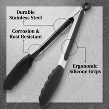 Load image into Gallery viewer, Silicone Tongs for Cooking Grilling (3 food tongs x 7/9/12&quot;) Heavy Duty Stainless Steel BBQ Tongs for Grilling, Cooking Tongs, Kitchen Tongs with Silicone Tips, Salad Tongs, Rubber Tongs Buffet
