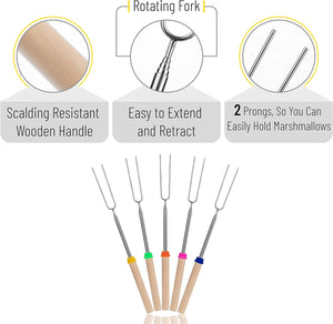 Extendable Stainless Steel Roasting Sticks, 5 Pack, 32" - For S'mores, Hot Dogs, Campfires and Fire Pits