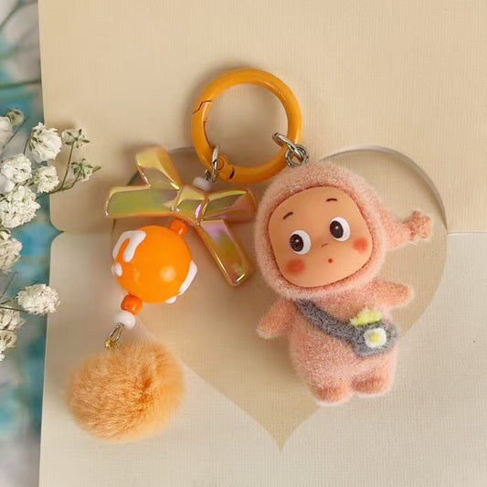 Flocked Star Character M-Bead Keychain Doll Charm, DIY Phone Cute Bead Pendant
