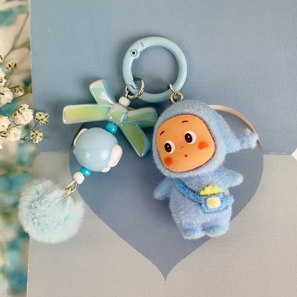 Flocked Star Character M-Bead Keychain Doll Charm, DIY Phone Cute Bead Pendant