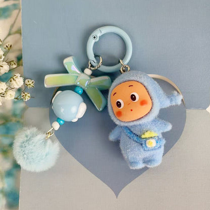 Flocked Star Character M-Bead Keychain Doll Charm, DIY Phone Cute Bead Pendant