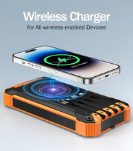 Load image into Gallery viewer, Power Bank Wireless Charger 20000mAh Built in 4 Cables Six Outputs 15W Fast Charging Power Bank for All Mobile Devices Three Inputs Solar Portable Charger with Dual Flashlights, Carabiner
