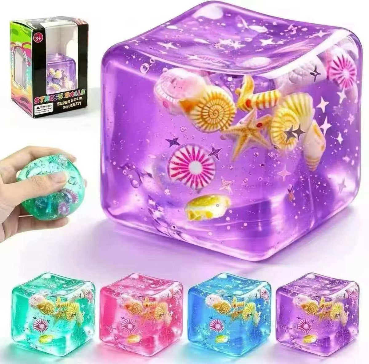 NeeDoh Cube Squishy Toy – Glow-in-the-Dark Malt Candy Style - Ocean Shell - 5.5 cm