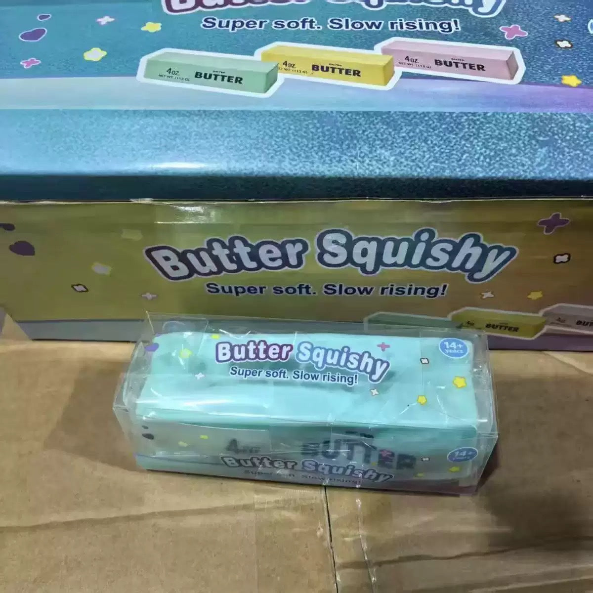 Realistic Squishy Stress Relief Toy - Blue Butter Stick - Building Block Style - 14 cm - Boxed + Full Box
