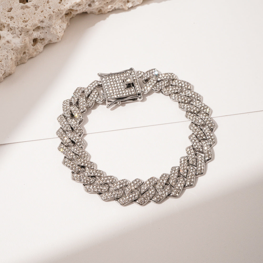 Fully Iced Diamond Cuban Link Alloy Bracelet - 20cm Silver Bracelet