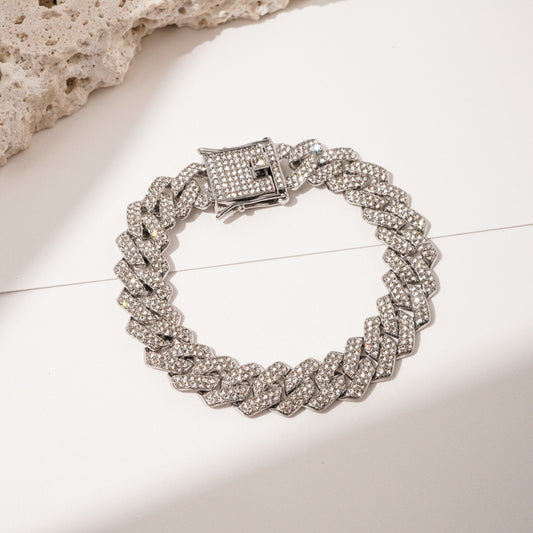Fully Iced Diamond Cuban Link Alloy Bracelet - 20cm Silver Bracelet