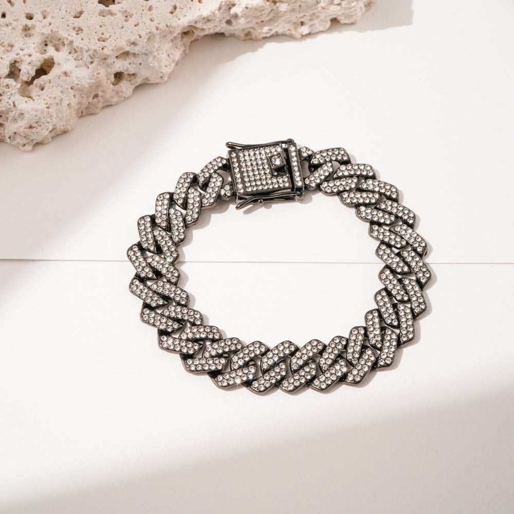 Fully Iced Diamond Cuban Link Alloy Bracelet - 20cm Black Bracelet