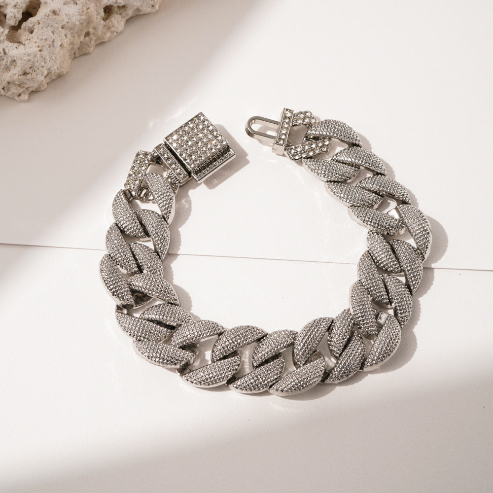 Fully Iced Diamond Cuban Link Alloy Bracelet - 20cm Silver Necklace
