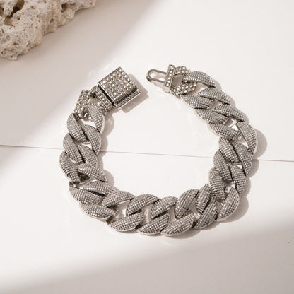 Fully Iced Diamond Cuban Link Alloy Bracelet - 20cm Silver Necklace