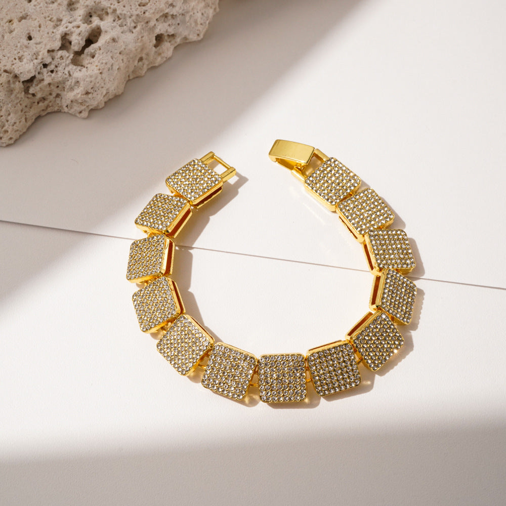 Square Zircon Tennis Cuban Link Bracelet & Necklace - 20cm Gold Bracelet