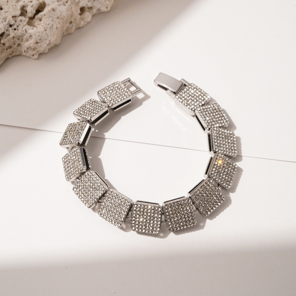 Square Zircon Tennis Cuban Link Bracelet & Necklace - 20cm Silver Bracelet