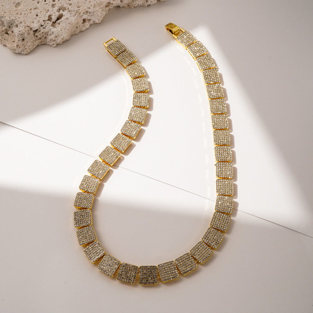 Square Zircon Tennis Cuban Link Bracelet & Necklace - 50cm Gold Necklace