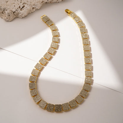 Square Zircon Tennis Cuban Link Bracelet & Necklace - 50cm Gold Necklace