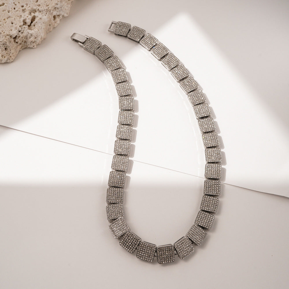 Square Zircon Tennis Cuban Link Bracelet & Necklace - 50cm Silver Necklace
