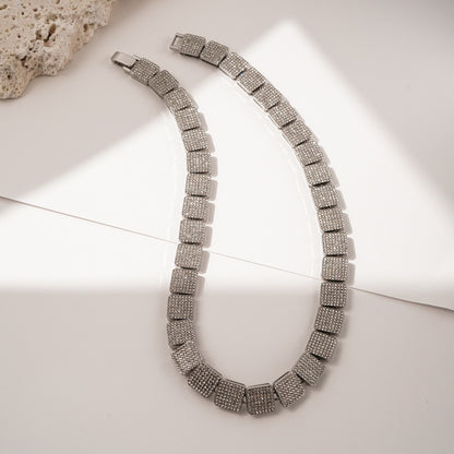 Square Zircon Tennis Cuban Link Bracelet & Necklace - 50cm Silver Necklace