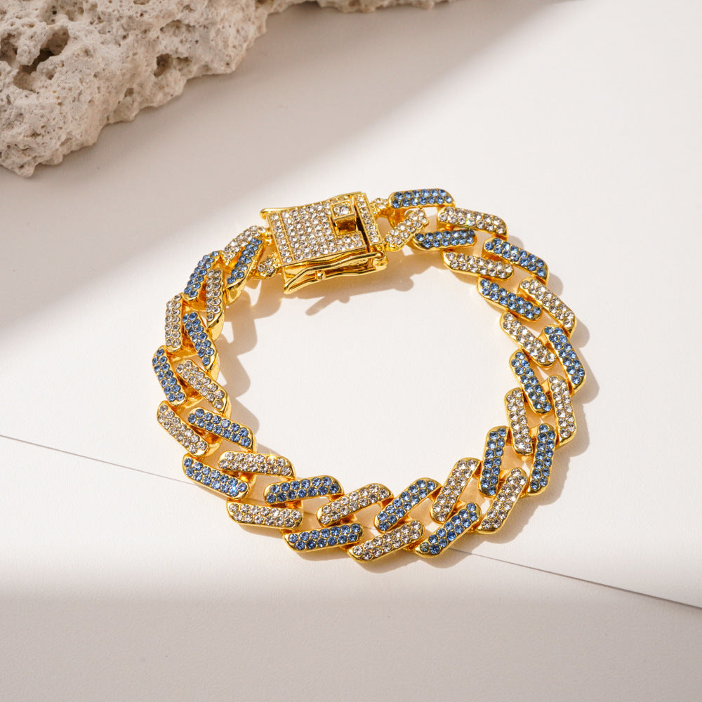 Diamond-Shaped Fully Iced Rhinestone Bracelet & Necklace - 20cm Blue & Gold Bracelet