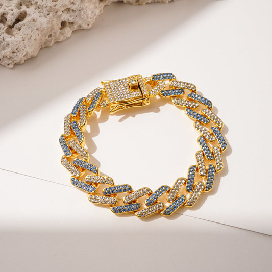 Diamond-Shaped Fully Iced Rhinestone Bracelet & Necklace - 20cm Blue & Gold Bracelet