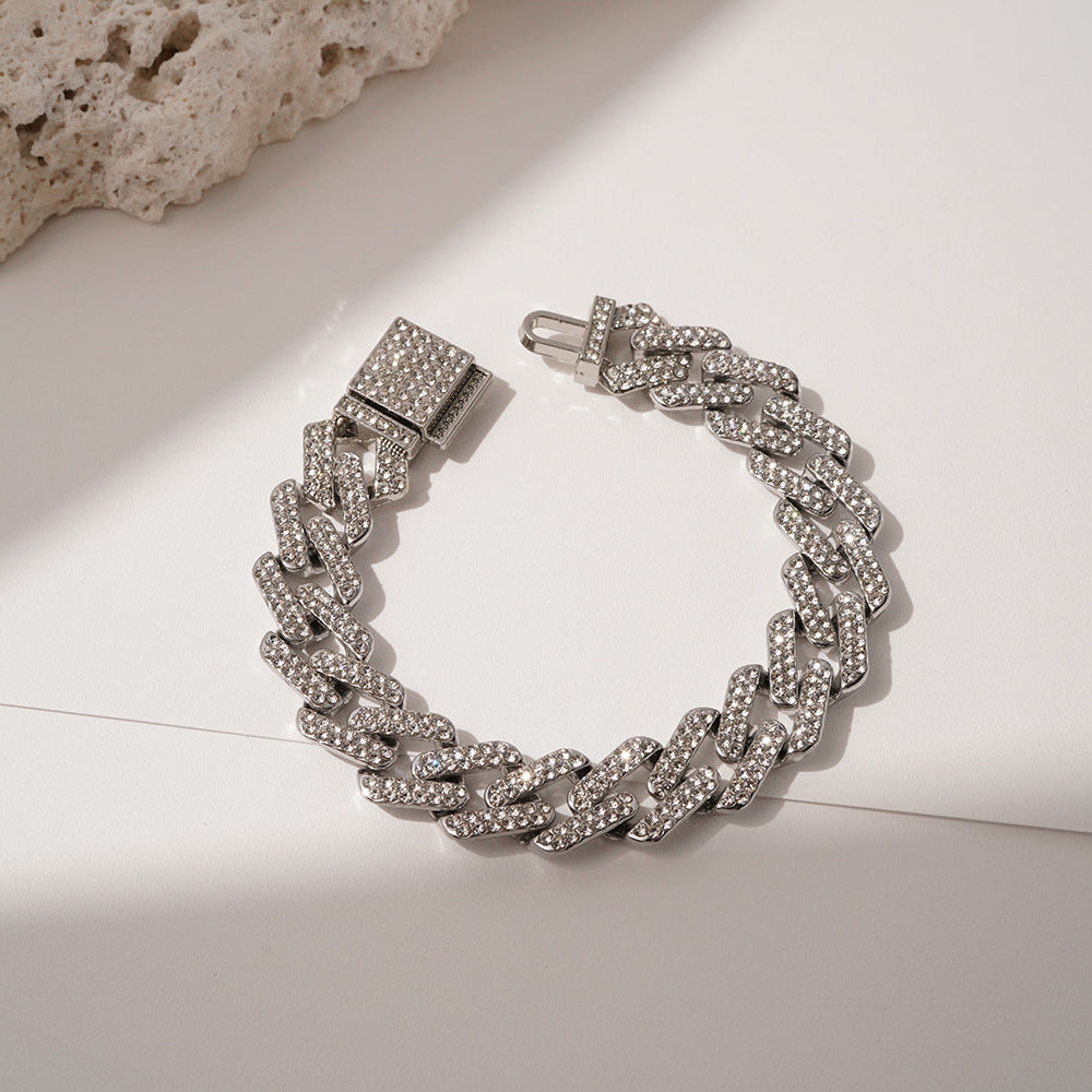 Diamond-Shaped Fully Iced Rhinestone Bracelet & Necklace - 20cm Silver Bracelet