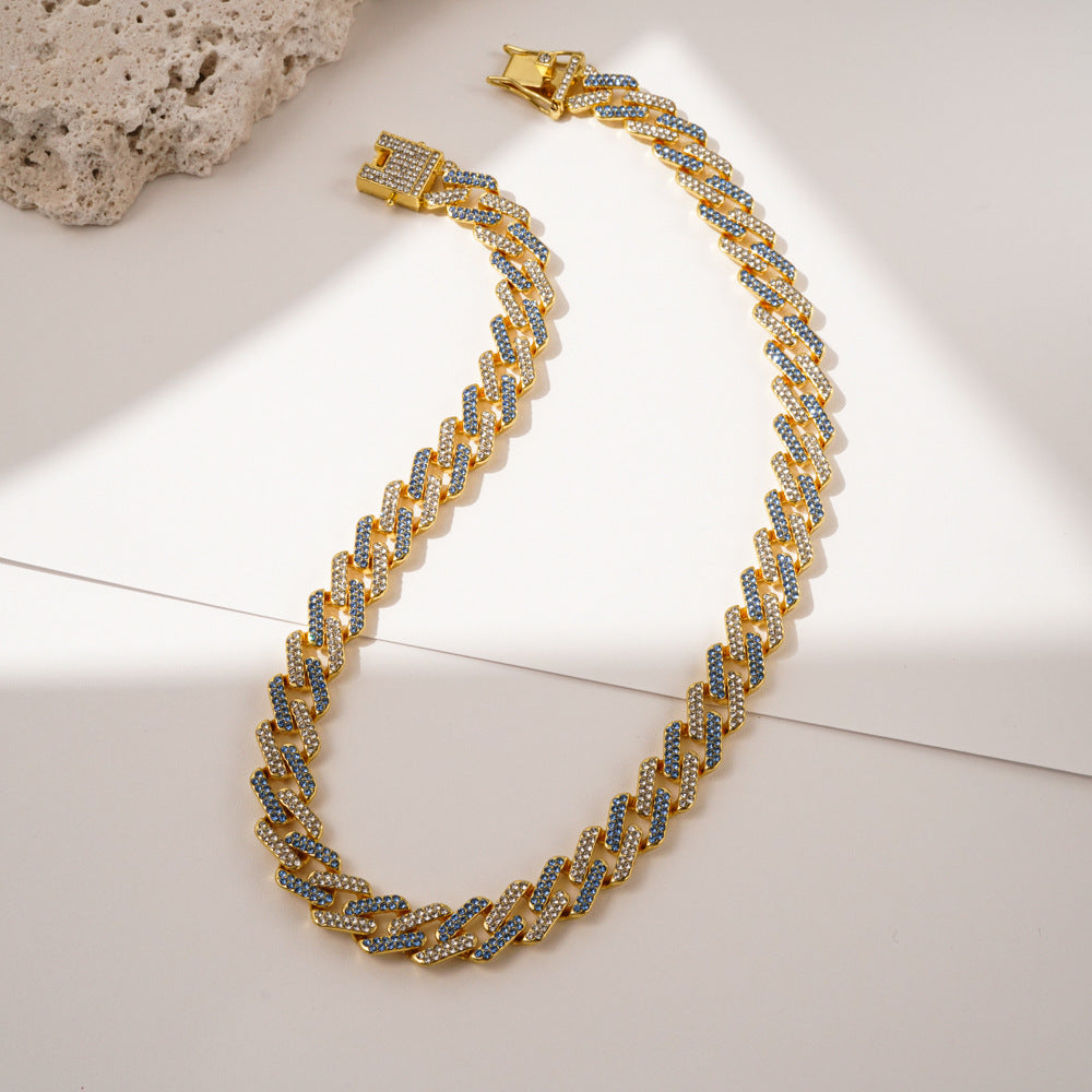Diamond-Shaped Fully Iced Rhinestone Bracelet & Necklace - 50cm Blue & Gold Necklace