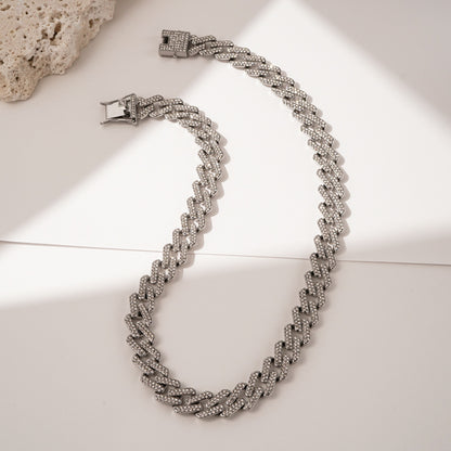 Diamond-Shaped Fully Iced Rhinestone Bracelet & Necklace - 50cm Silver Necklace