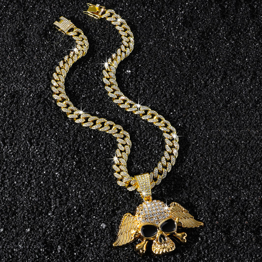 Fully Iced Winged Skull Pendant Necklace - Gold Pendant Only