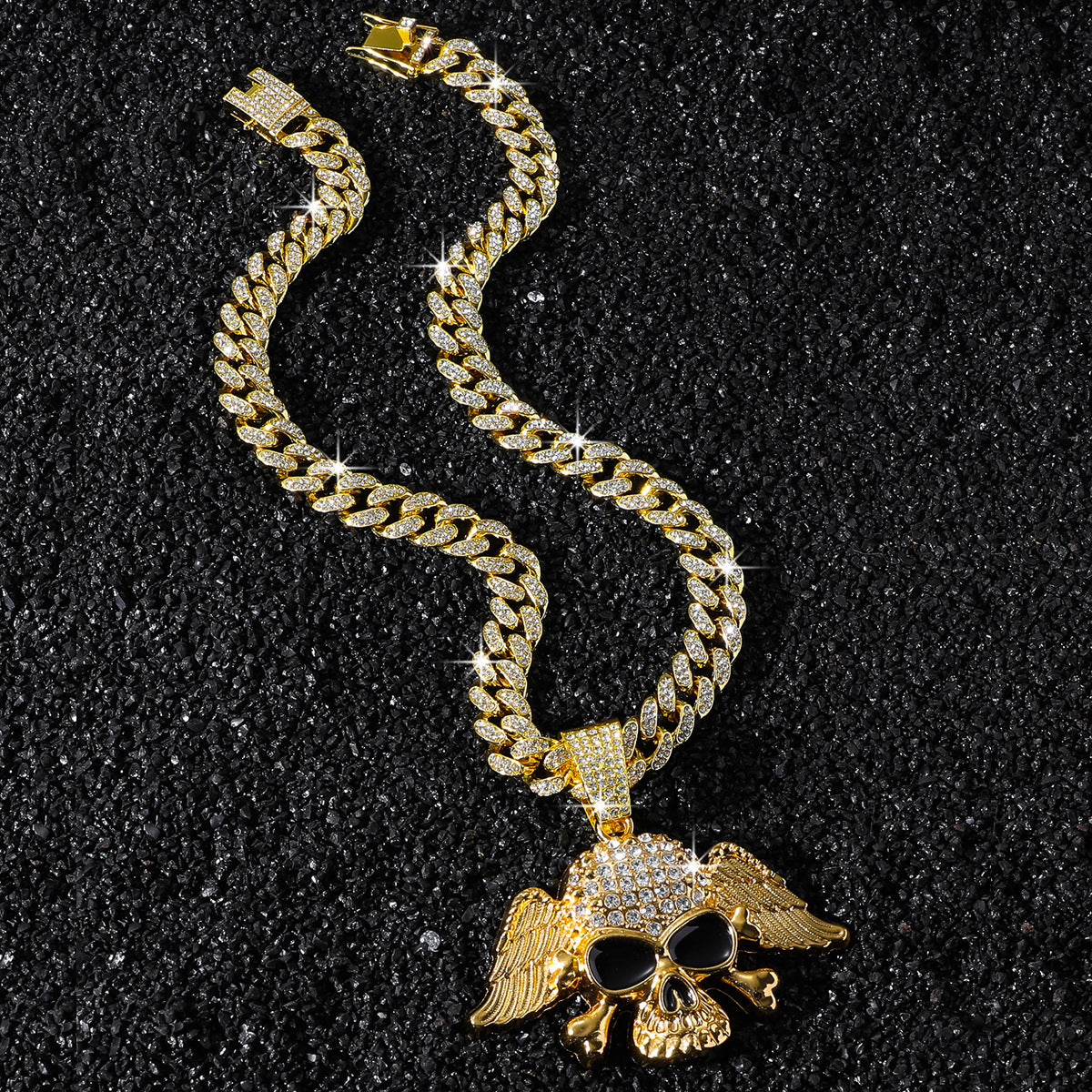 Fully Iced Winged Skull Pendant Necklace - Gold Dragon Beard Chain – 50cm for Style 5525