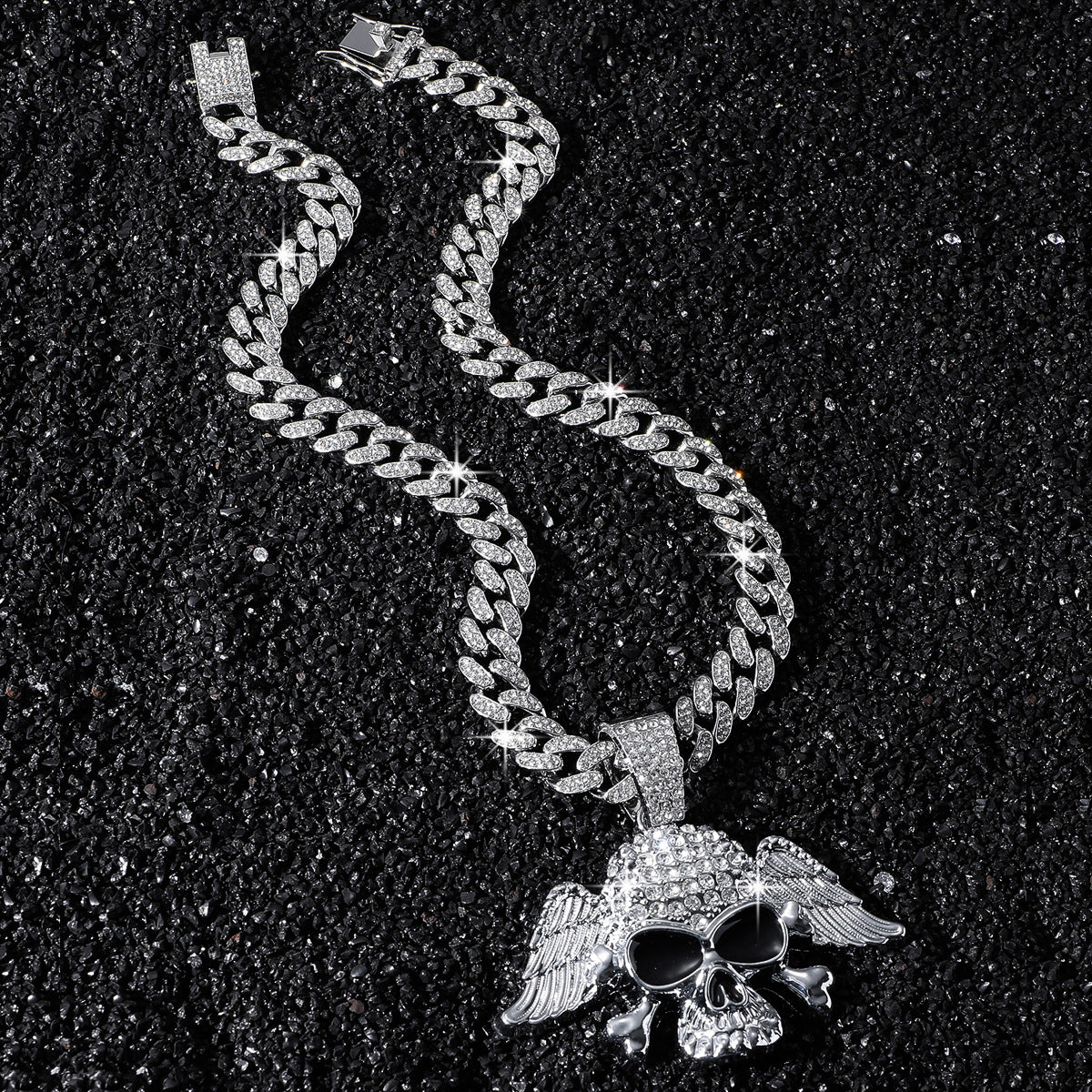 Fully Iced Winged Skull Pendant Necklace - Silver Dragon Beard Chain – 50cm for Style 5525