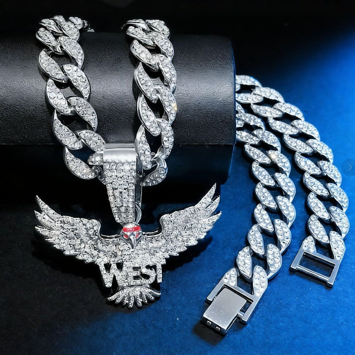 Fully Iced Eagle Pendant Necklace - Silver Pendant with 50cm Cuban Chain
