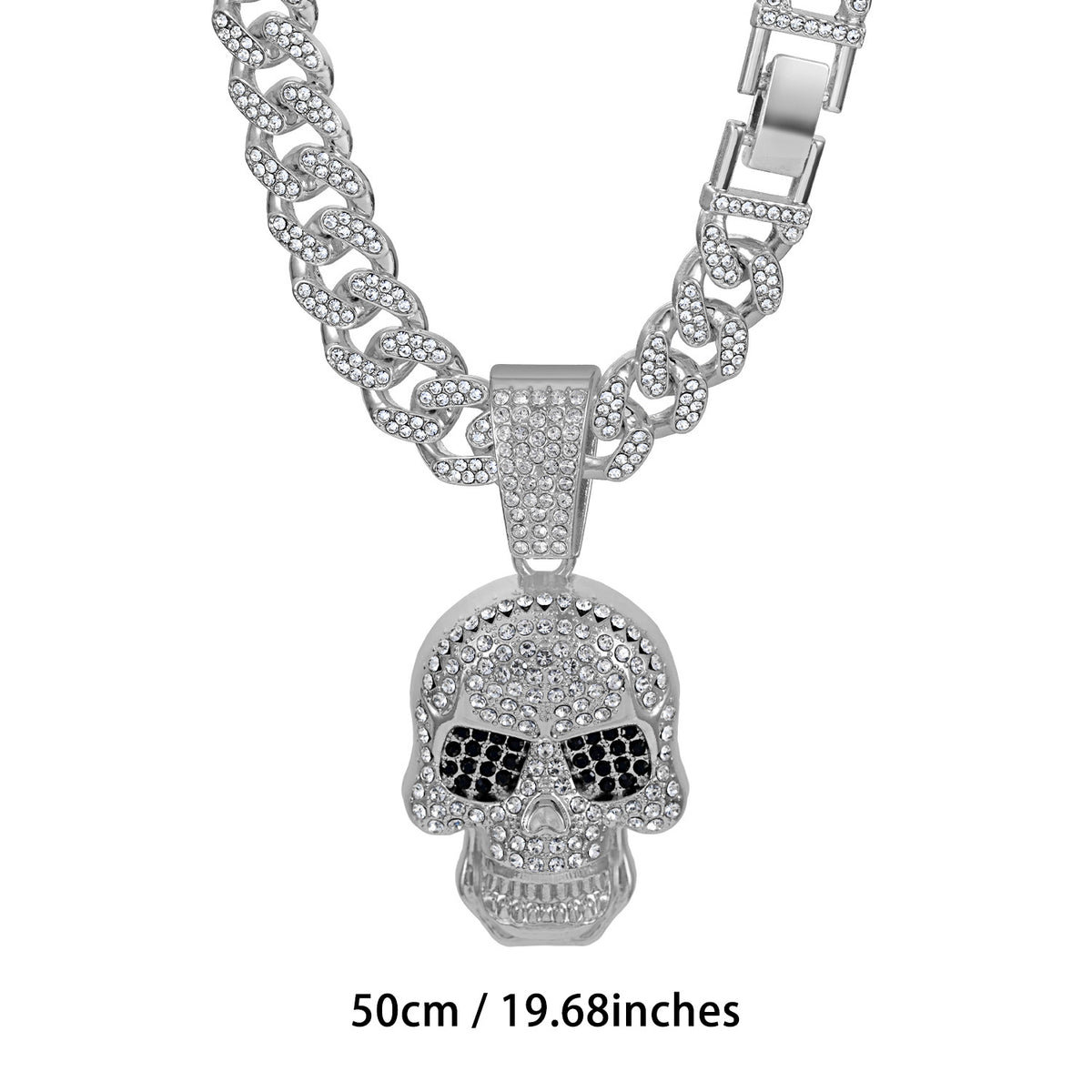 Fully Iced Skull Necklace - Silver Pendant with 60CM Cuban Chain