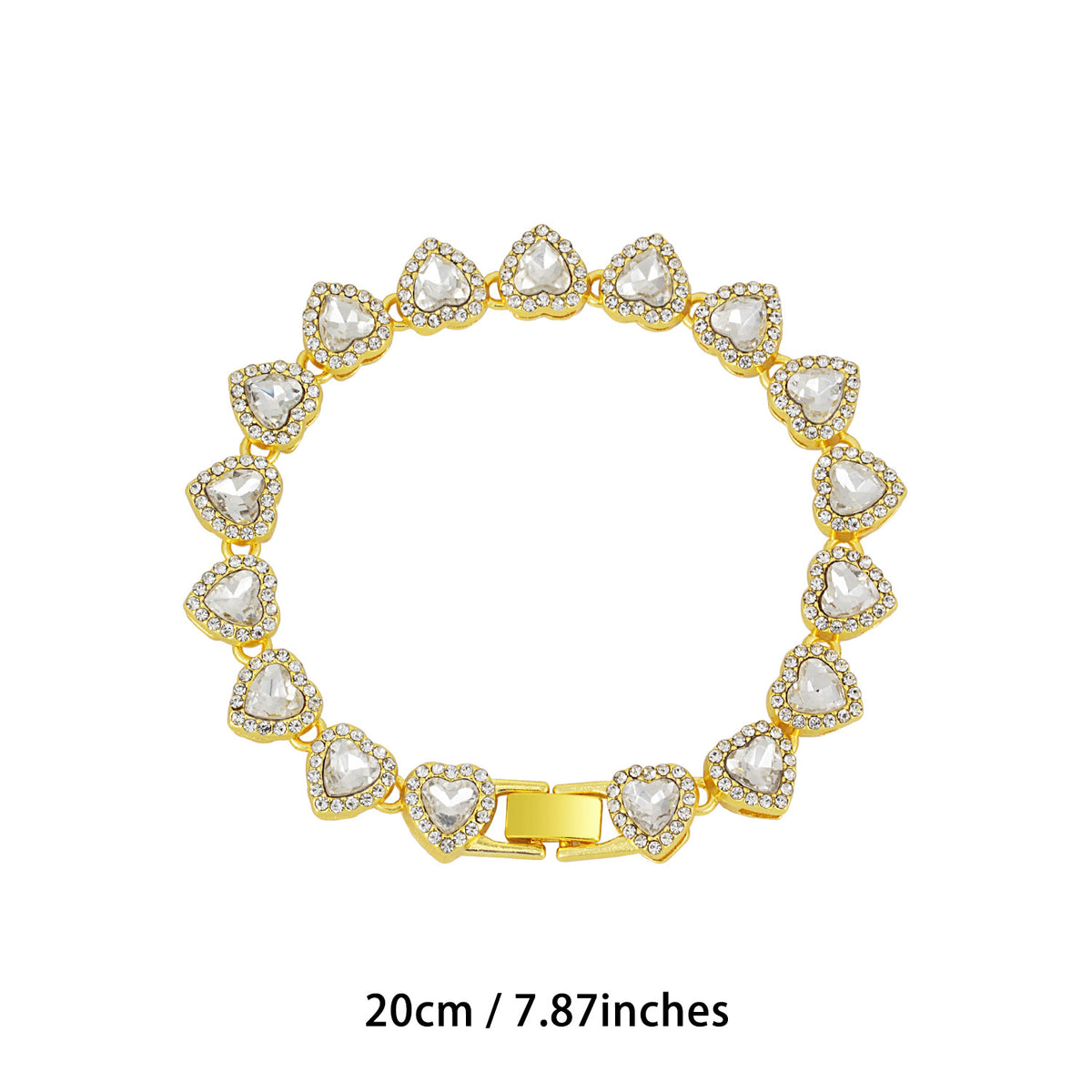 Glass Heart Rhinestone Cuban Link Necklace - Gold 20CM