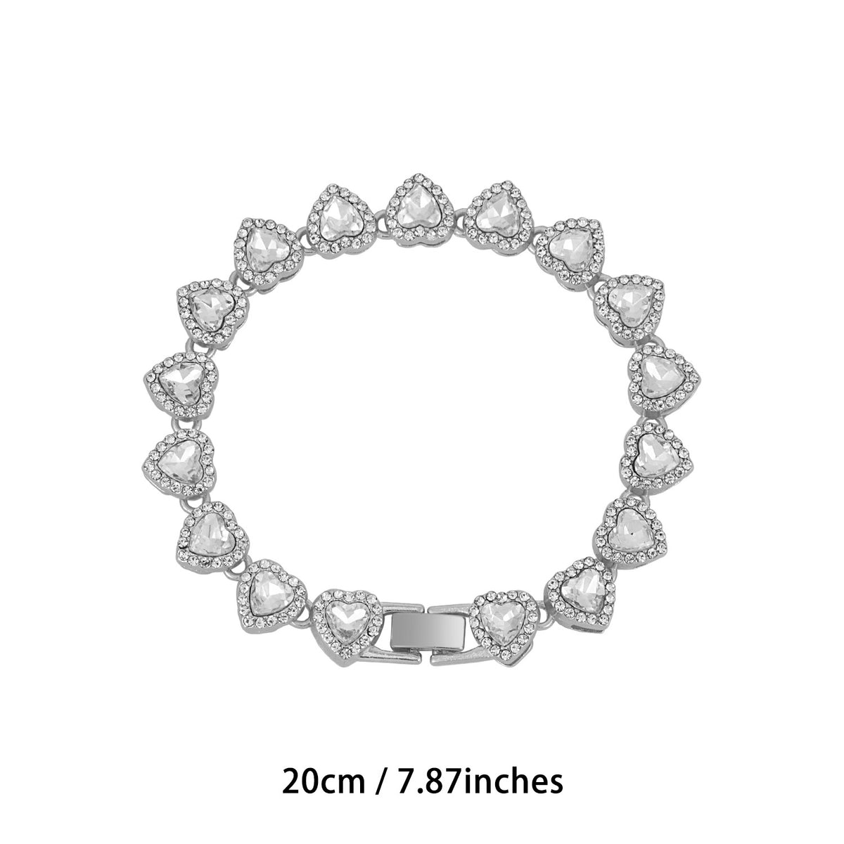 Glass Heart Rhinestone Cuban Link Necklace - Silver 20CM