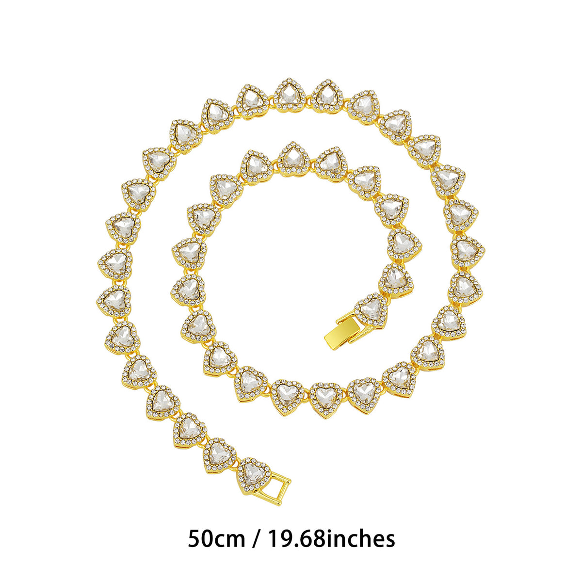 Glass Heart Rhinestone Cuban Link Necklace - Gold 50CM