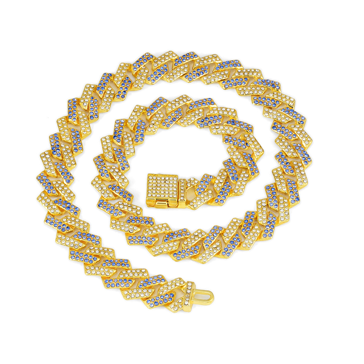 Diamond Cuban Link Necklace with Pink Flip Clasp - Small Flip-Top Gold, Half Blue Rhinestones, 25CM