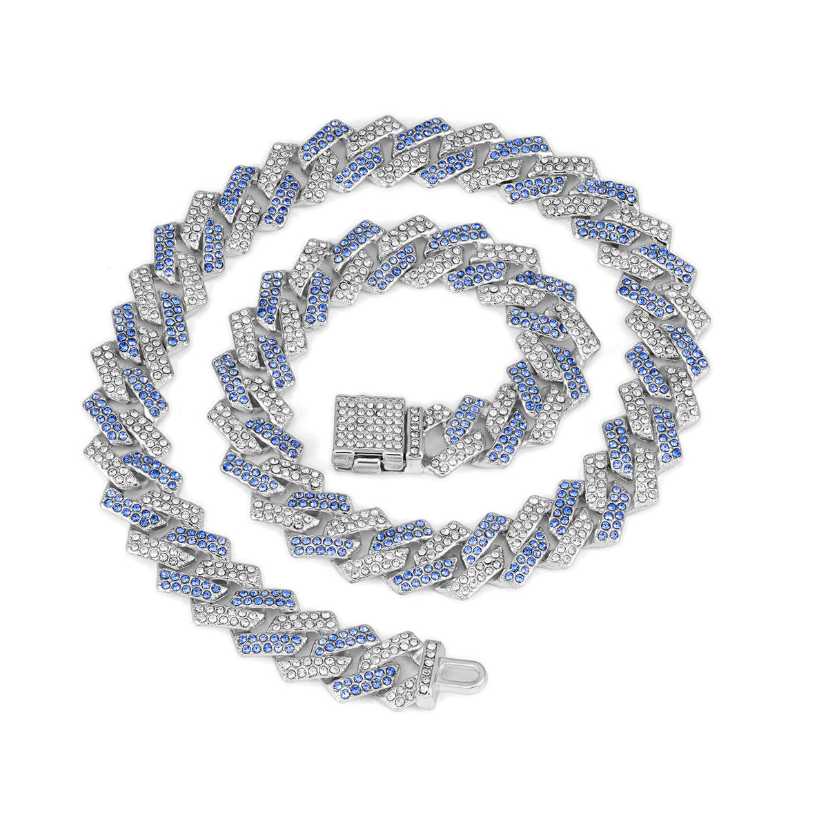 Diamond Cuban Link Necklace with Pink Flip Clasp - Small Flip-Top Silver, Half Blue Rhinestones, 25CM