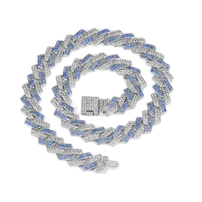 Diamond Cuban Link Necklace with Pink Flip Clasp - Small Flip-Top Silver, Half Blue Rhinestones, 25CM