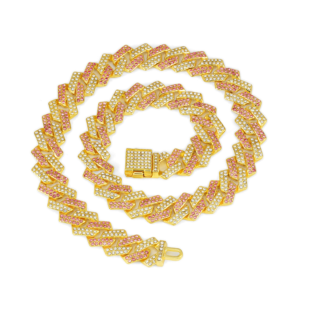 Diamond Cuban Link Necklace with Pink Flip Clasp - Small Flip-Top Gold, Half Pink Rhinestones, 25CM