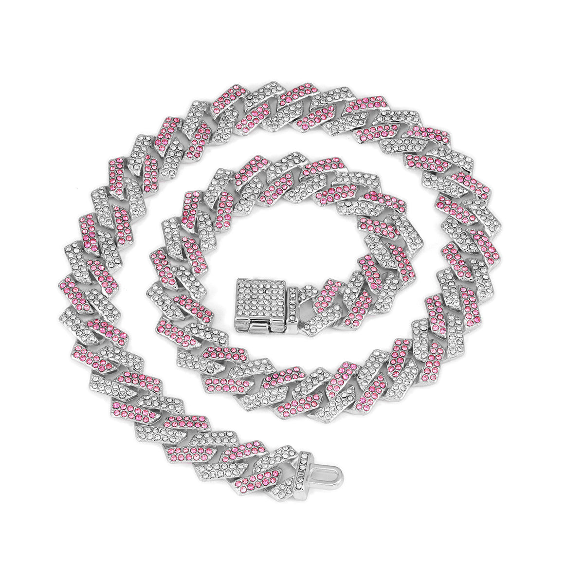 Diamond Cuban Link Necklace with Pink Flip Clasp - Small Flip-Top Silver, Half Pink Rhinestones, 55CM