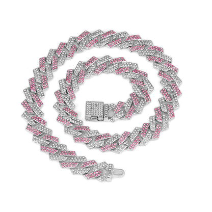 Diamond Cuban Link Necklace with Pink Flip Clasp - Small Flip-Top Silver, Half Pink Rhinestones, 55CM