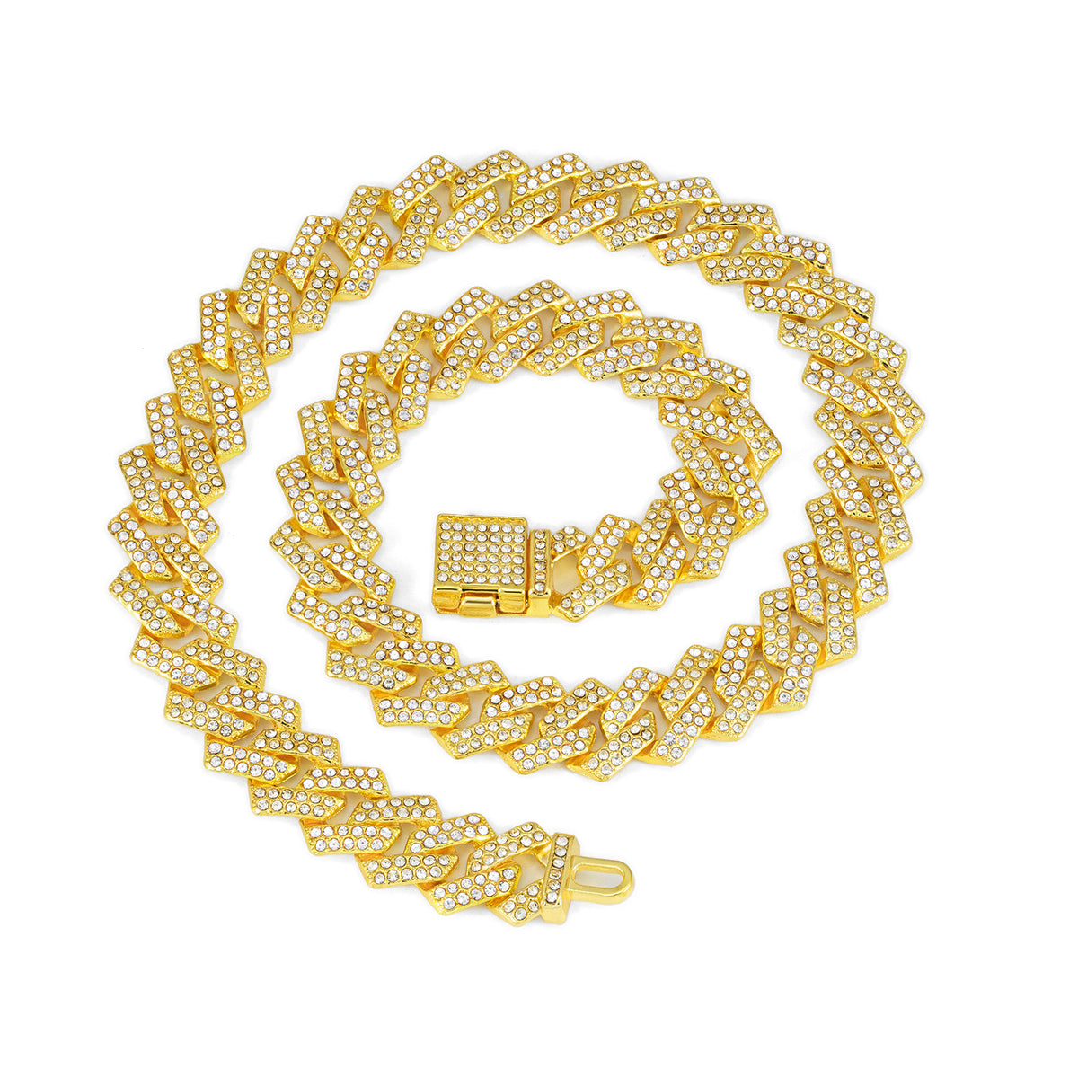 Diamond Cuban Link Necklace with Pink Flip Clasp - Small Flip-Top Gold, Half White Rhinestones, 55CM