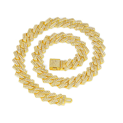Diamond Cuban Link Necklace with Pink Flip Clasp - Small Flip-Top Gold, Half White Rhinestones, 55CM
