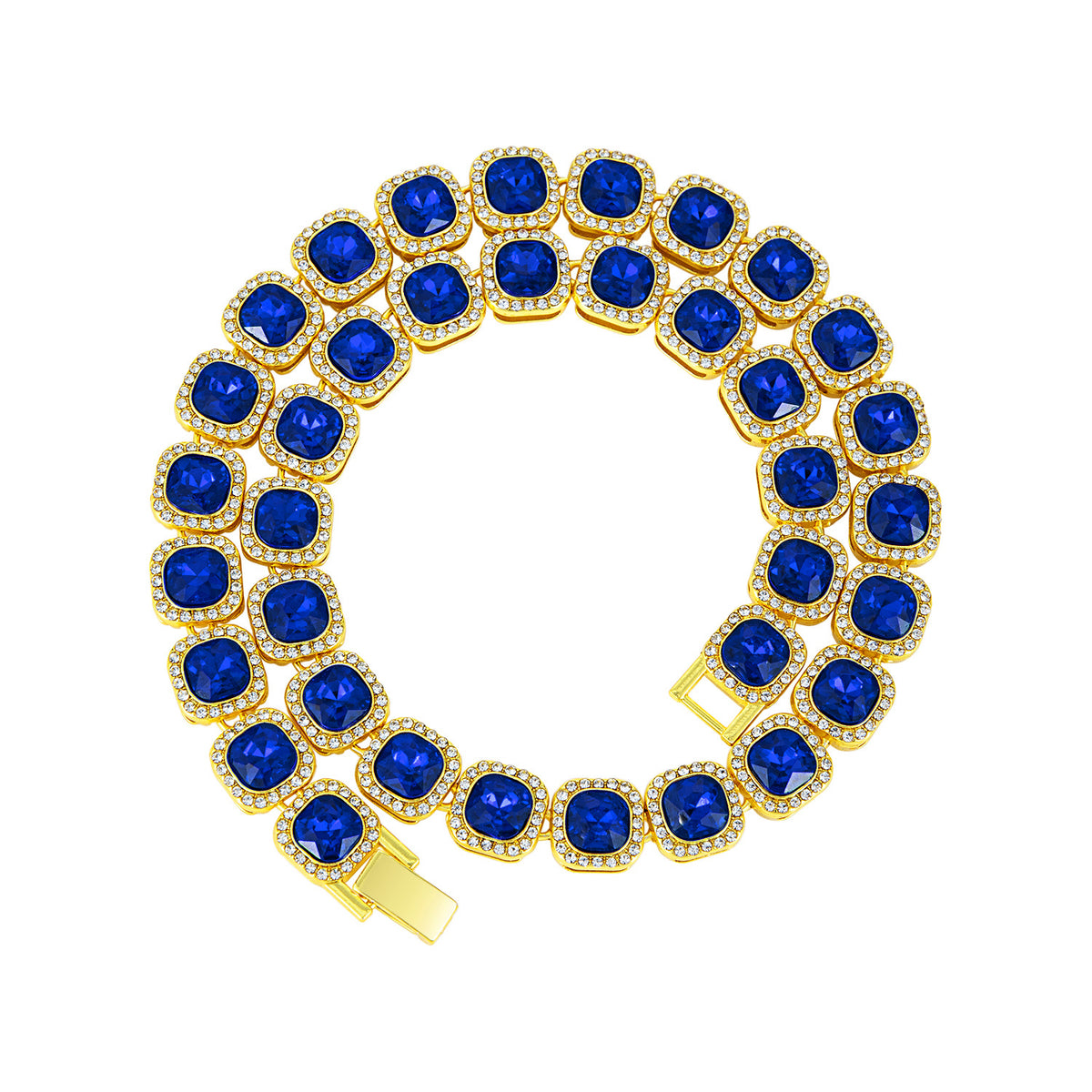 Square Glass Candy Heart Necklace - Gold Blue Rhinestones (Non-Acrylic) 23CM